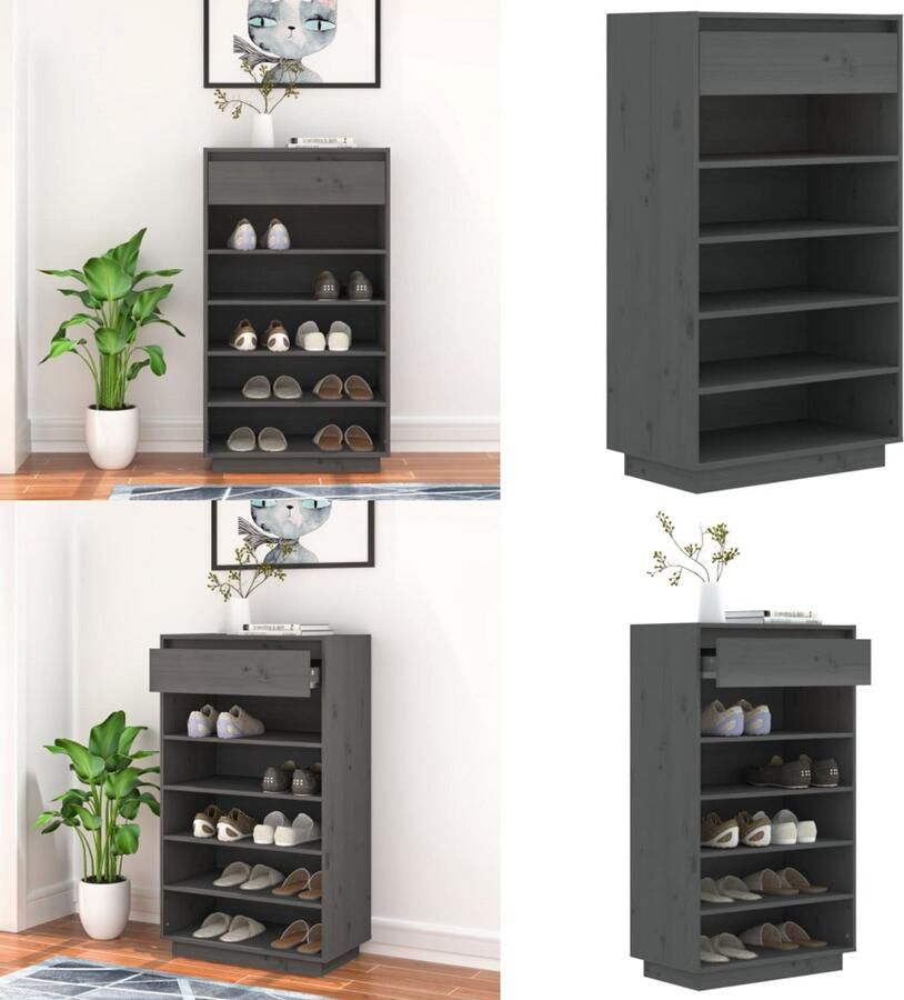 VidaXL Schoenenkast 60x34x105 cm massief grenenhout grijs Schoenenkast Schoenenkasten Houten Schoenenkast Halkast