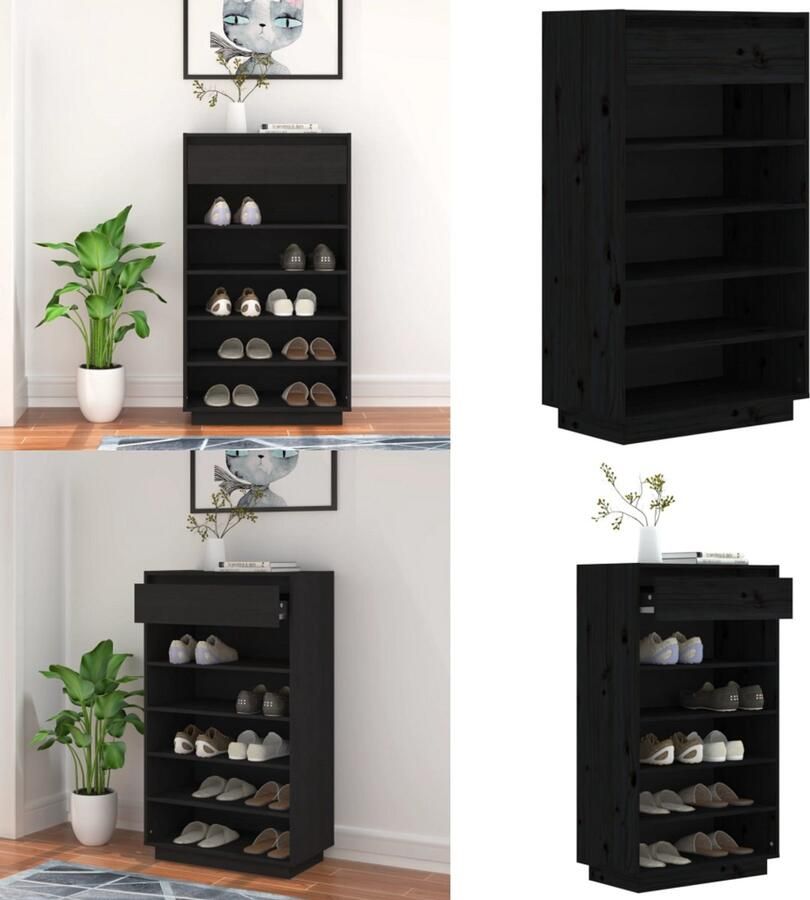VidaXL Schoenenkast 60x34x105 cm massief grenenhout zwart Schoenenkast Schoenenkasten Houten Schoenenkast Halkast