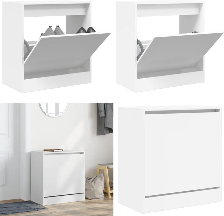 The Living Store Schoenenkast 60x34x63 5 cm bewerkt hout wit Schoenenkast Compact Schoenenopbergkast Houten Schoenenkast Wit Schoenenkast