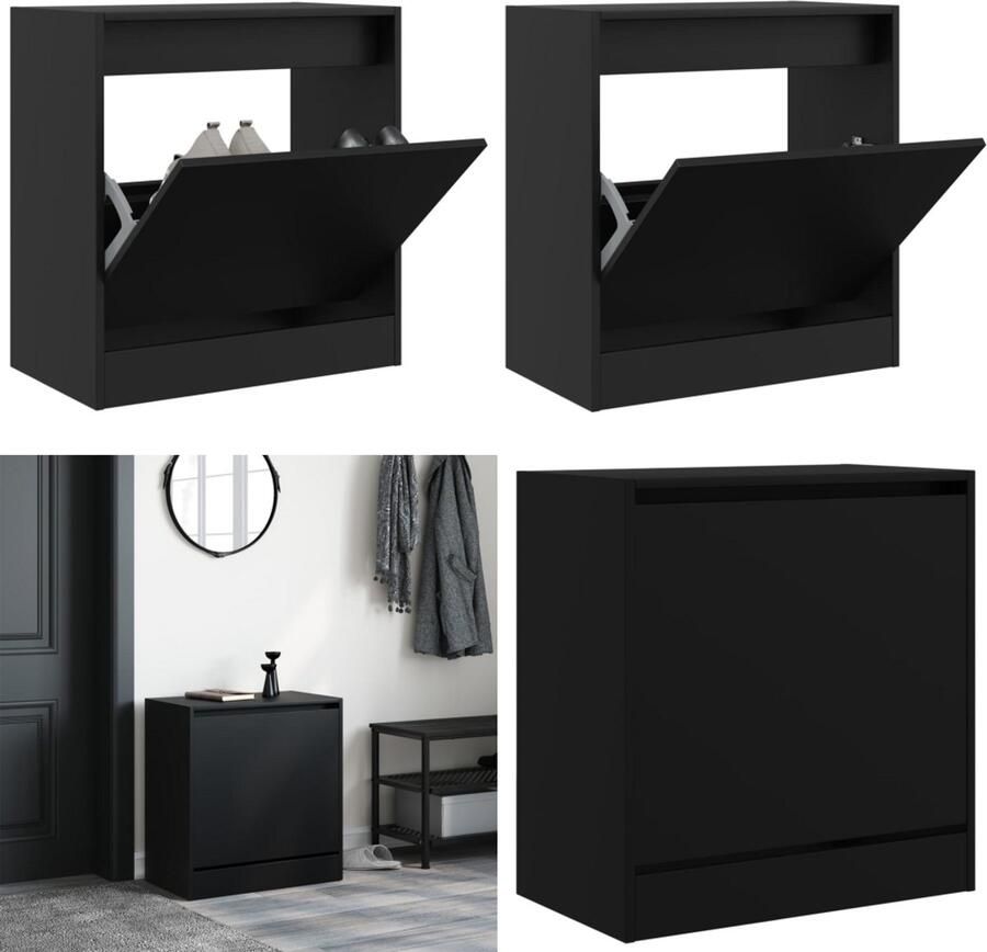 The Living Store Schoenenkast 60x34x63 5 cm bewerkt hout zwart Schoenenkast Schoenenopbergkast Houten Schoenenkast Compacte Schoenenkast Zwarte Schoenenkast