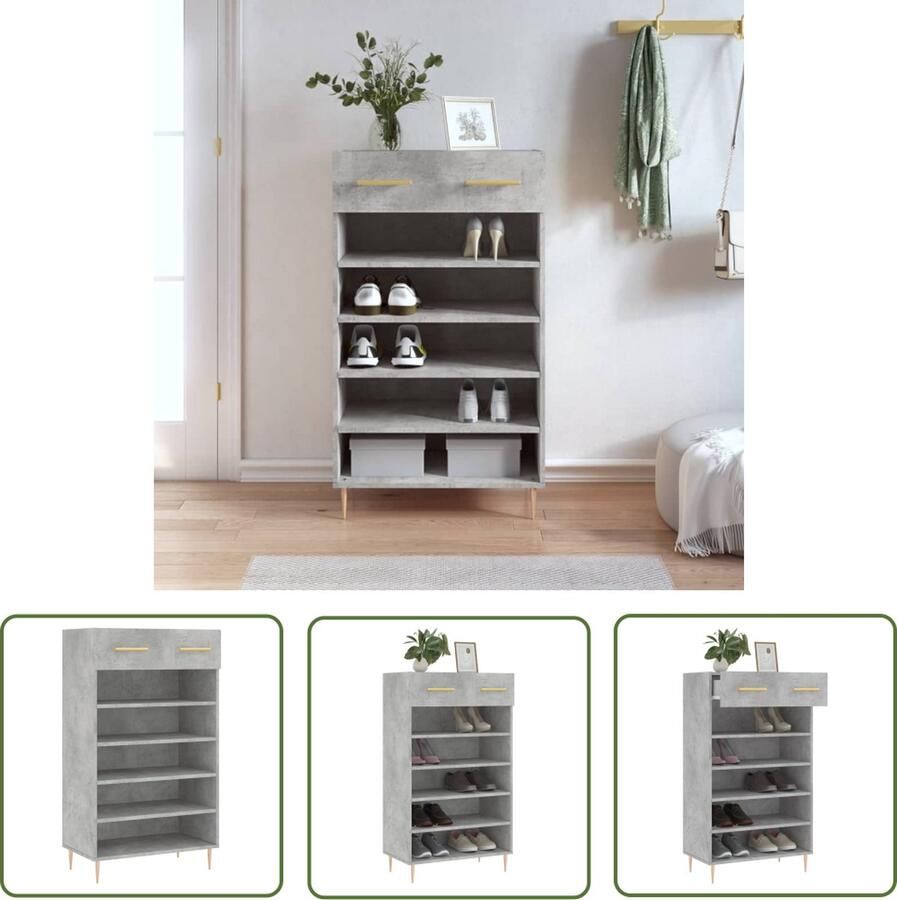 The Living Store Schoenenkast Betongrijs 60 x 35 x 105 cm Duurzaam hout Voldoende opbergruimte Schoenenkast Houten Schoenenkast Grijze Schoenenkast Bergruimte Organisatie