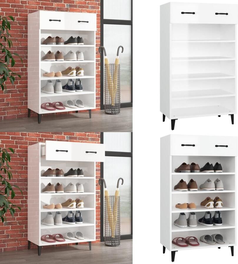 VidaXL Schoenenkast 60x35x105 cm bewerkt hout hoogglans wit Schoenenrek Schoenenrekken Opbergrek Voor Schoenen Schoenenstellage