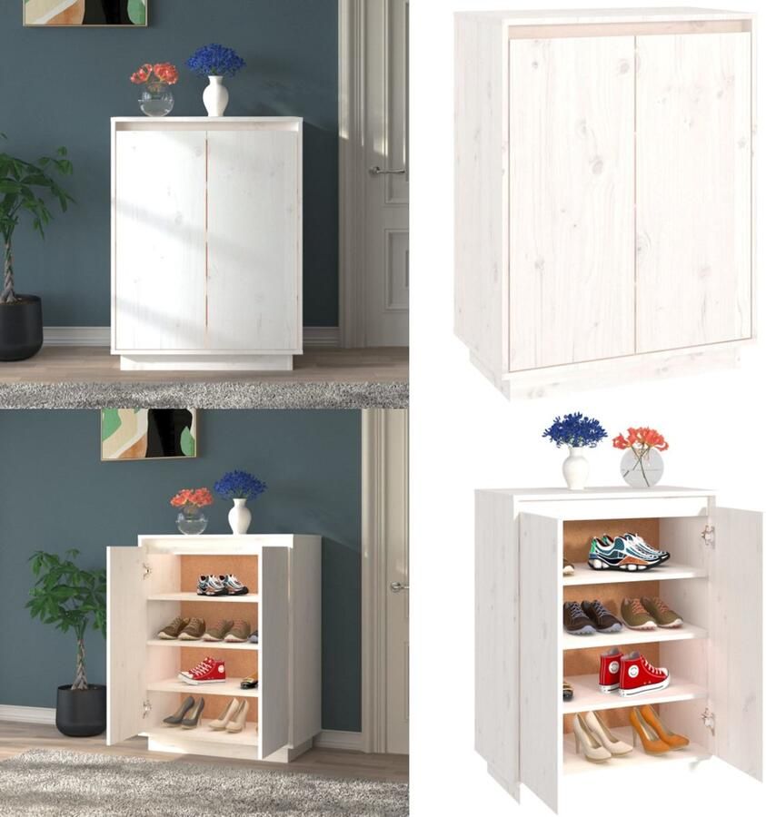 VidaXL Schoenenkast 60x35x80 cm massief grenenhout wit Schoenenkast Schoenenkasten Houten Schoenenkast Halkast