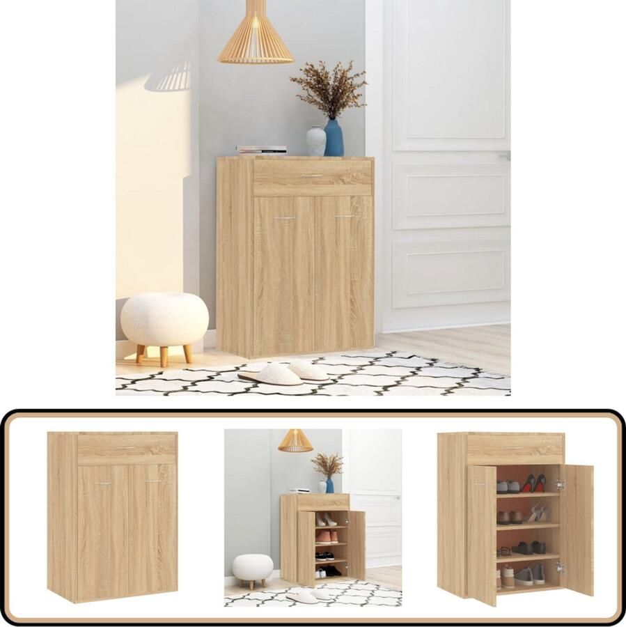 VidaXL Schoenenkast 60x35x84 cm Sonoma eiken Schoenenkast Schoenenrek Wandrek Bergruimte Organiseren Opslagruimte Houten Kast Sonomaeik