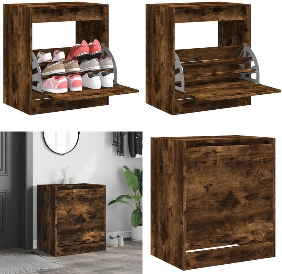 The Living Store Schoenenkast 60x42x69 cm bewerkt hout gerookt eikenkleurig Schoenenrek Schoenenrekken Opbergrek Voor Schoenen Schoenenstellage
