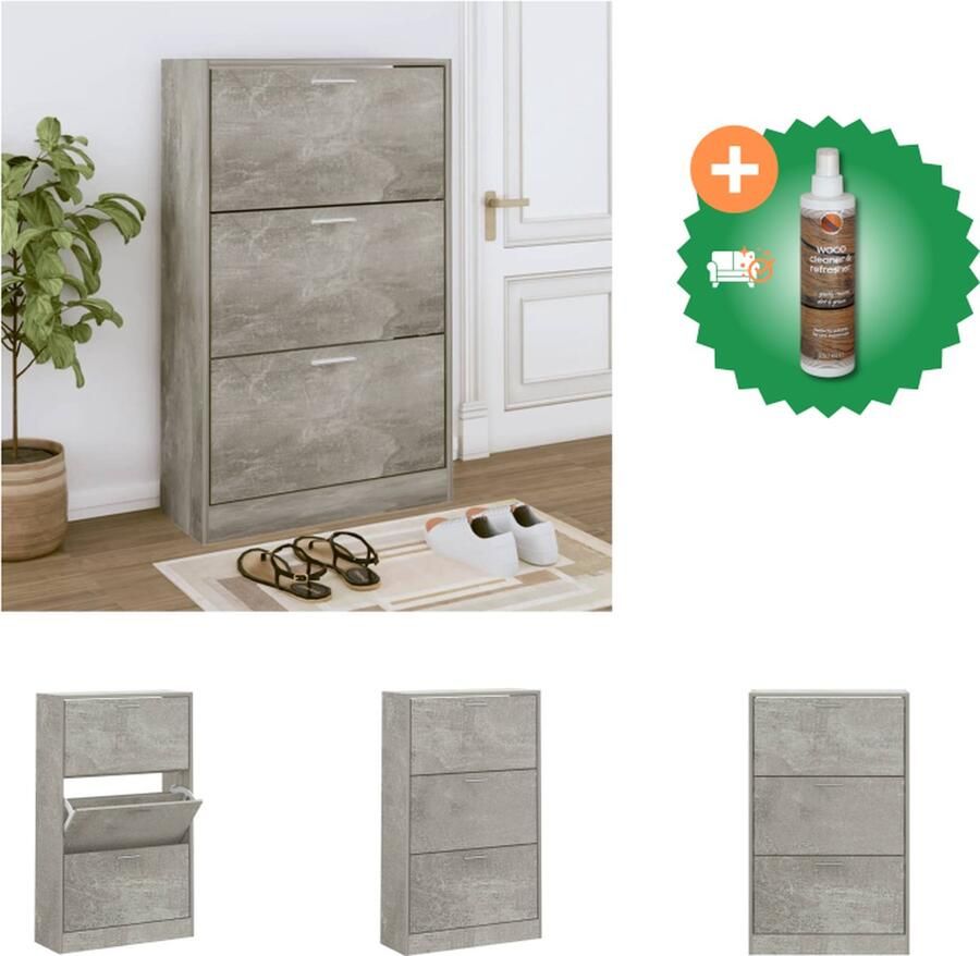 VidaXL Schoenenkast 63x24x103 cm bewerkt hout betongrijs Schoenenkast Inclusief Houtreiniger en verfrisser