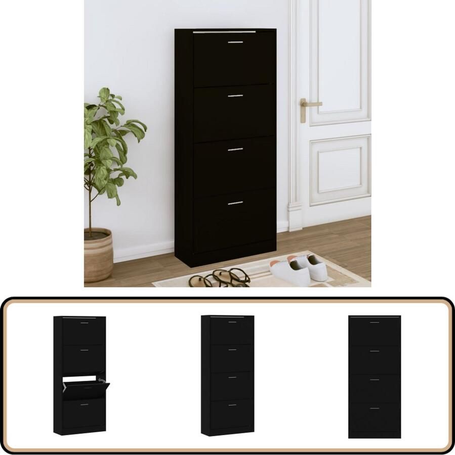 VidaXL Schoenenkast 63x24x147 cm Bewerkt hout Zwart Schoenenkast Schoenen Rek Schoenuitlegger Bergruimte Kastje Interieurdecoratie Zwarte Kast