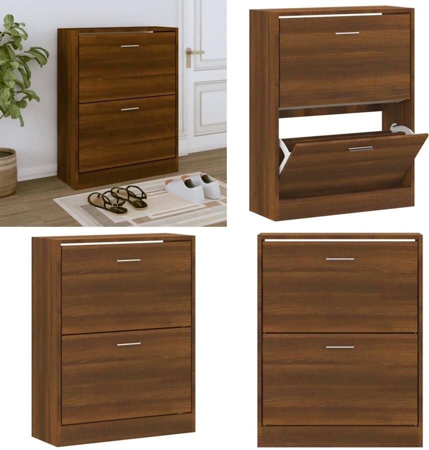 The Living Store Schoenenkast Afmetingen- 63x24x81 cm Kleur- Bruineiken Materiaal- Bewerkt hout Schoenenkast Schoenen Rek Bergruimte Kastje Houten Kast