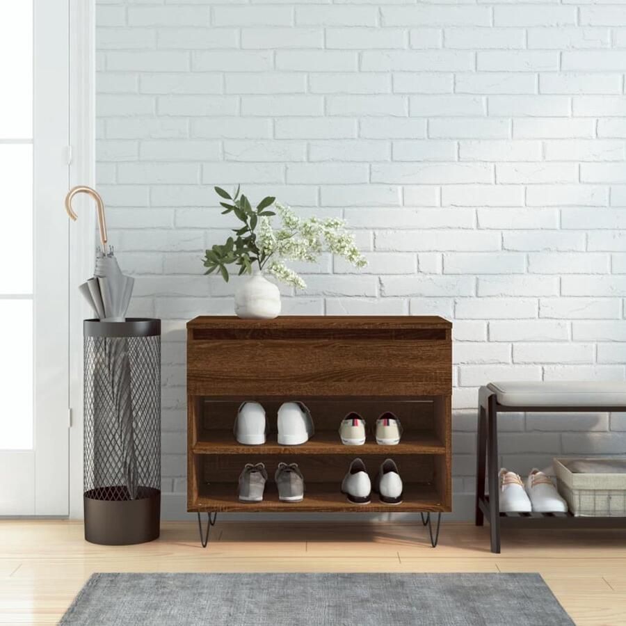 VidaXL Schoenenkast 70x36x60 cm Bruin Eikenkleur Schoenenkast Schoenuitleg Bergruimte Kastje Houten Kast