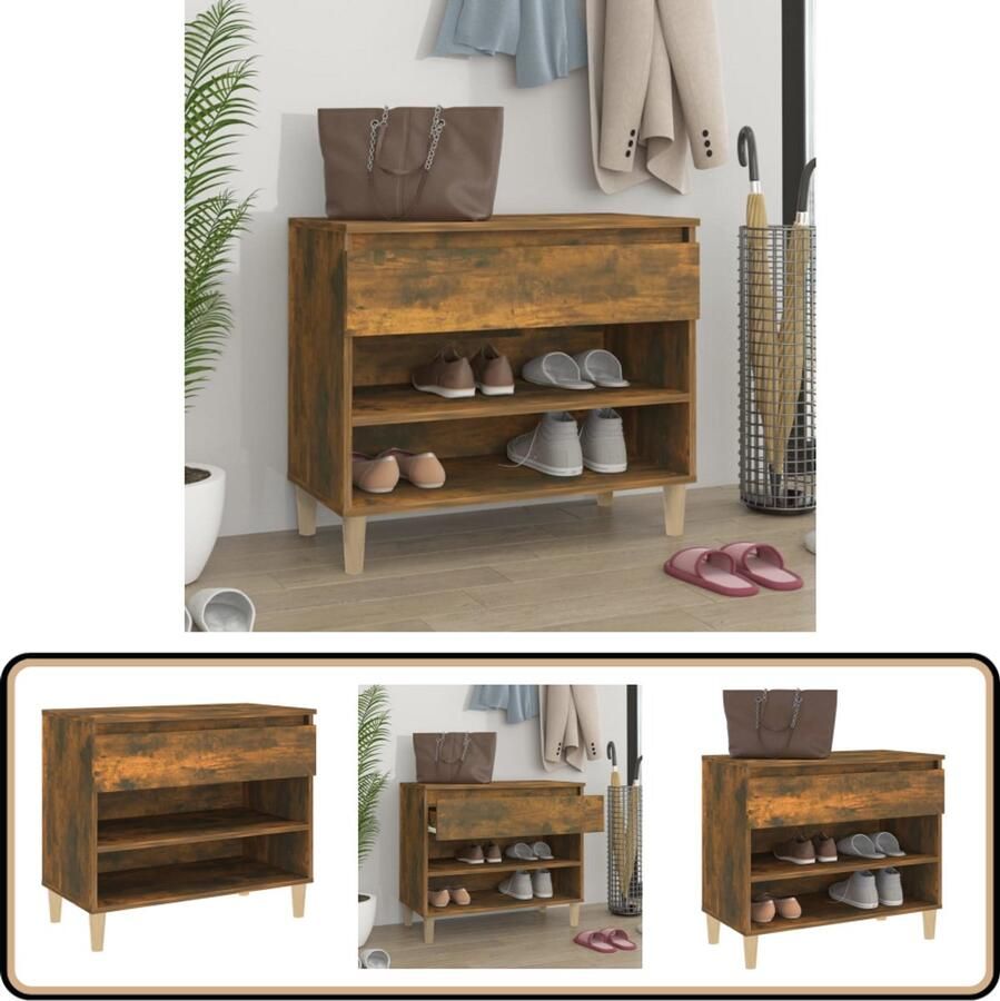 The Living Store Schoenenkast Gerookt Eiken 70 x 36 x 60 cm Montagehandleiding inbegrepen Schoenenkast Schoenuitlegers Bergruimte Kastje Houten Kast - Foto 4