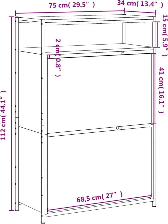 VidaXL Schoenenrek Schoenenrekken Opbergrek Voor Schoenen Schoenenstellage Schoenenkast 75x34x112 cm bewerkt hout grijs sonoma eikenkleur - Foto 3