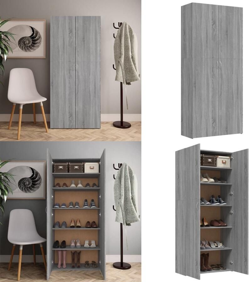 VidaXL Schoenenkast 80x35 5x180 cm bewerkt hout grijs sonoma eiken Schoenenrek Schoenenrekken Opbergrek Voor Schoenen Schoenenstellage