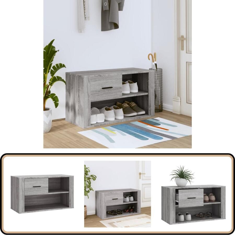 VidaXL Schoenenkast 80x35x45 cm Grijs Sonoma Eiken Schoenenkast Schoenen Rek Bergruimte Kast Interieurdecoratie Grijze Meubels Houten Meubelen Moderne Meubels Opslagruimte Organisatie Entreebank Schoenuitstalling
