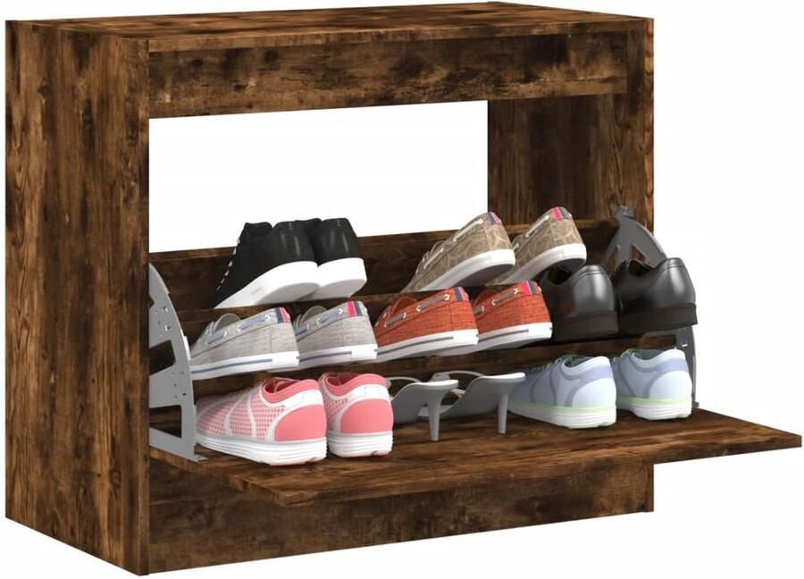 The Living Store Schoenenkast 80x42x69 cm bewerkt hout gerookt eikenkleurig Schoenenkast Schoenenopbergers Kastje Bergruimte Interieurdecoratie