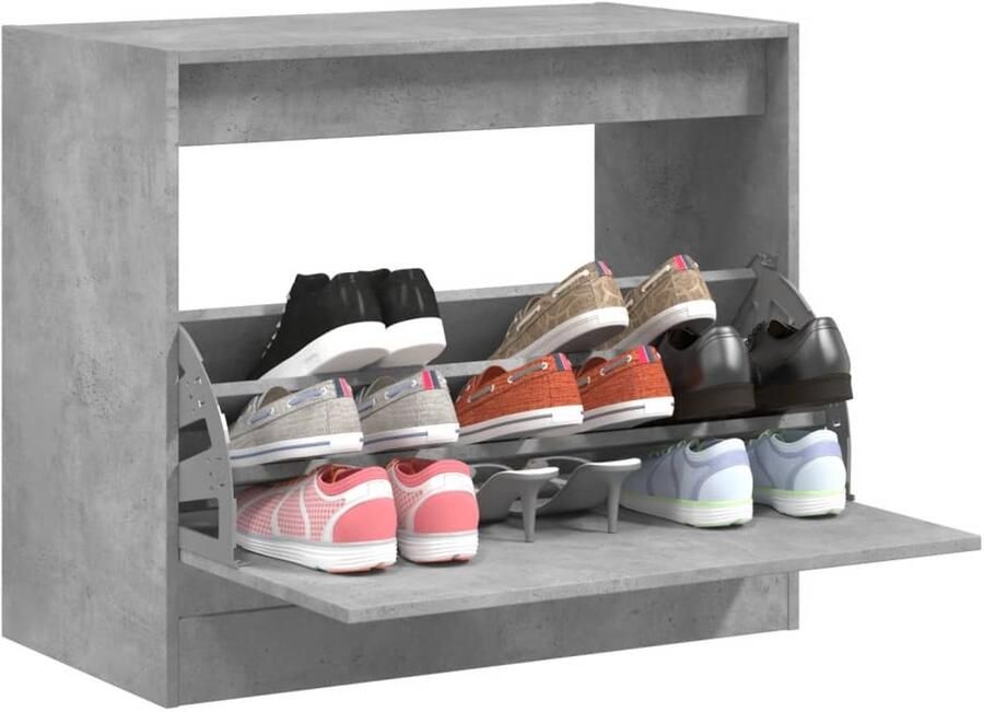 The Living Store Schoenenkast 80x42x69 cm bewerkt hout betongrijs Schoenenkast Compact Schoenenopbergers Houten Schoenenkast Grijze Schoenenkast