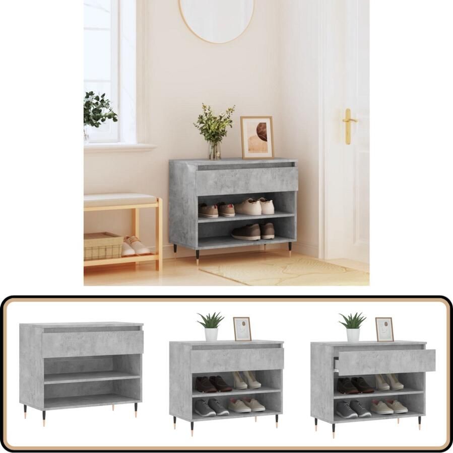 VidaXL Schoenenkast Bewerkt hout Betongrijs 70x36x60 cm Schoenenkast Schoenen Rek Schoenuitlegger Bergruimte Kastje Opslag Houten Kast Grijze Kast Design Kast