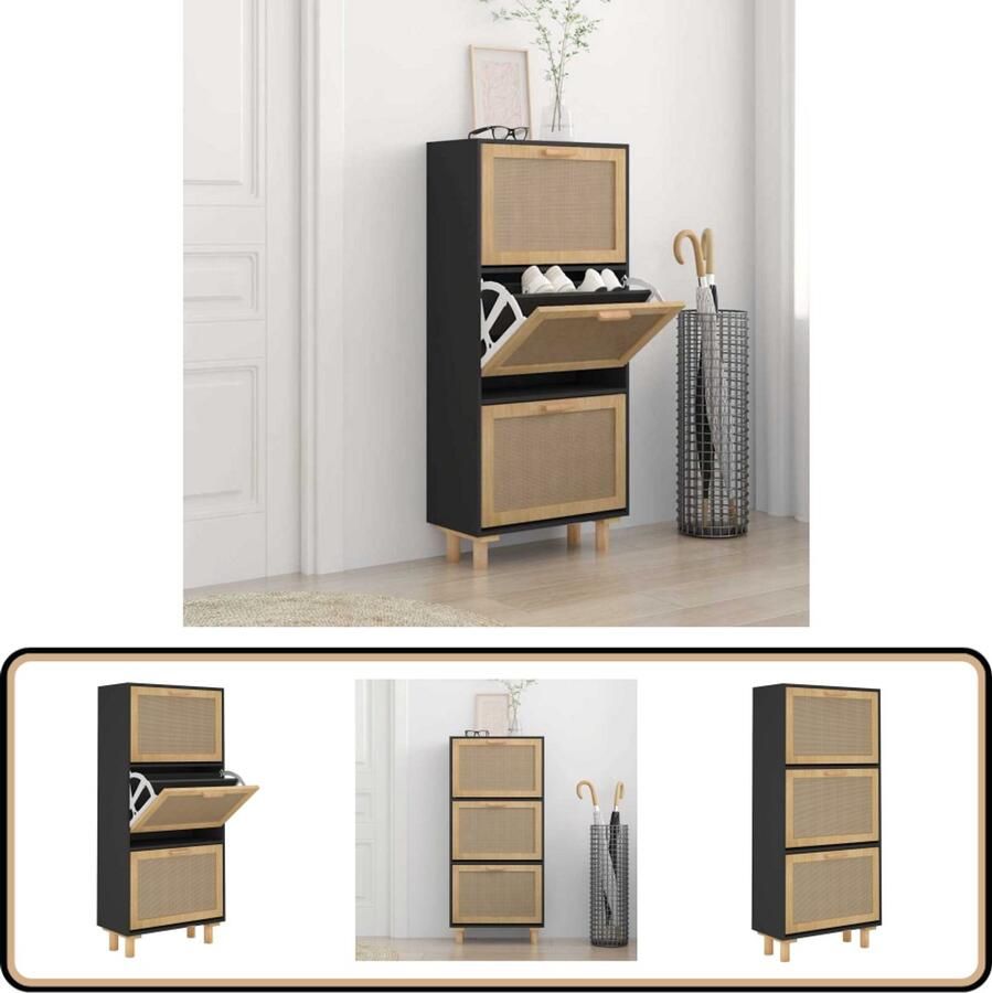VidaXL Schoenenkast Bewerkte Hout en Rattan Zwart Scandinavisch Interieur Schoenen Kast Houten Schoenenkast Zwarte Schoenenkast Schoenen Rek