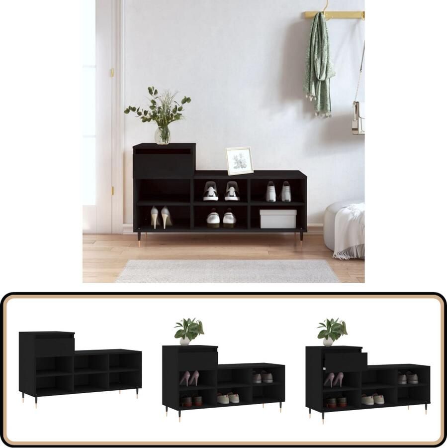 VidaXL Schoenenkast Bewerkte Hout Zwart 102x36x60 cm Schoenenkast Schoenen Rek Bergruimte Kastje Zwarte Kast Houten Kast Design Kast Entreehal Slaapkamer