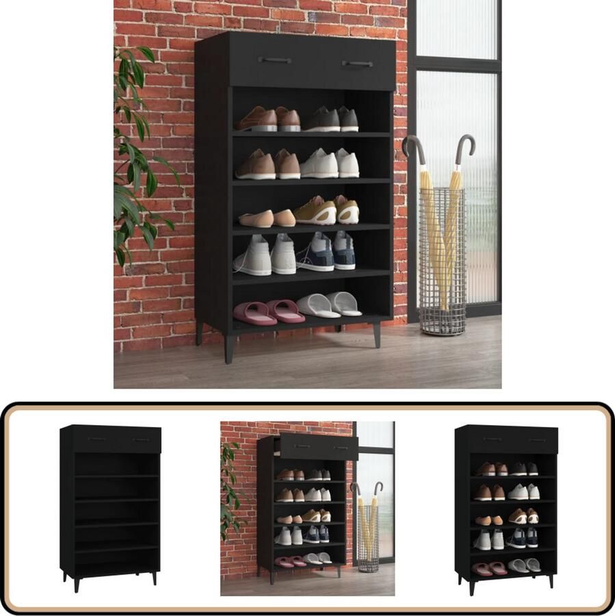 VidaXL Schoenenkast Bewerkte hout zwart 60x35x105 cm Schoenenkast Schoenuitlegger Bergruimte Kast Zwarte Kast