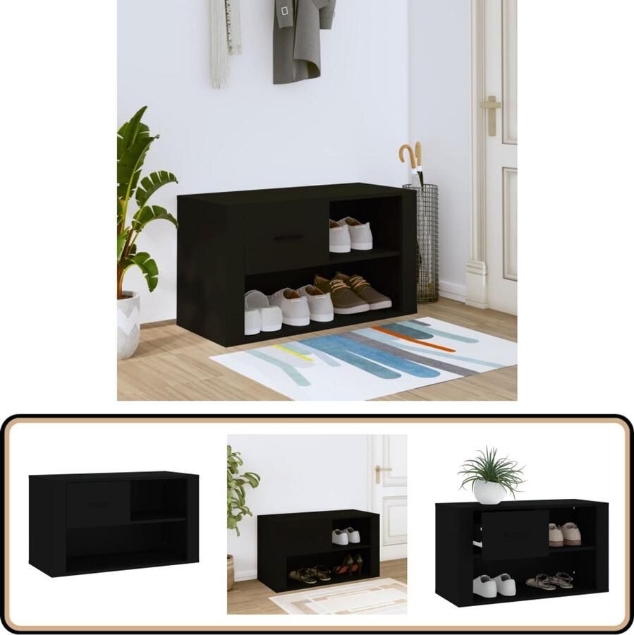 VidaXL Schoenenkast Bewerkte hout Zwart 80x35x45 cm Schoenenkast Schoenuitlegers Bergruimte Kastje Zwarte Meubels Houten Meubelen Entreebank Interieurdecoratie Opslagmogelijkheden Design Meubel Modern Furniture