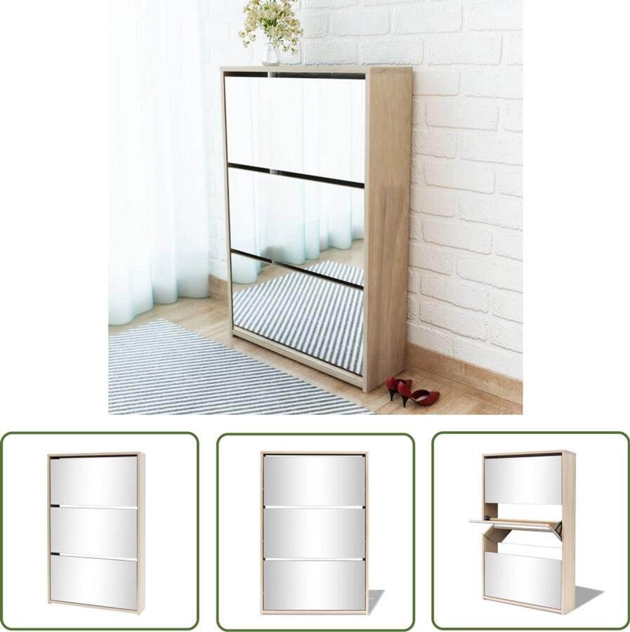 VidaXL Schoenenkast Drielaags Met spiegel Eiken Schoenenkast Spiegelschoenenkast Schoenen Kast Houten Schoenenkast Bruine Schoenenkast - Foto 2