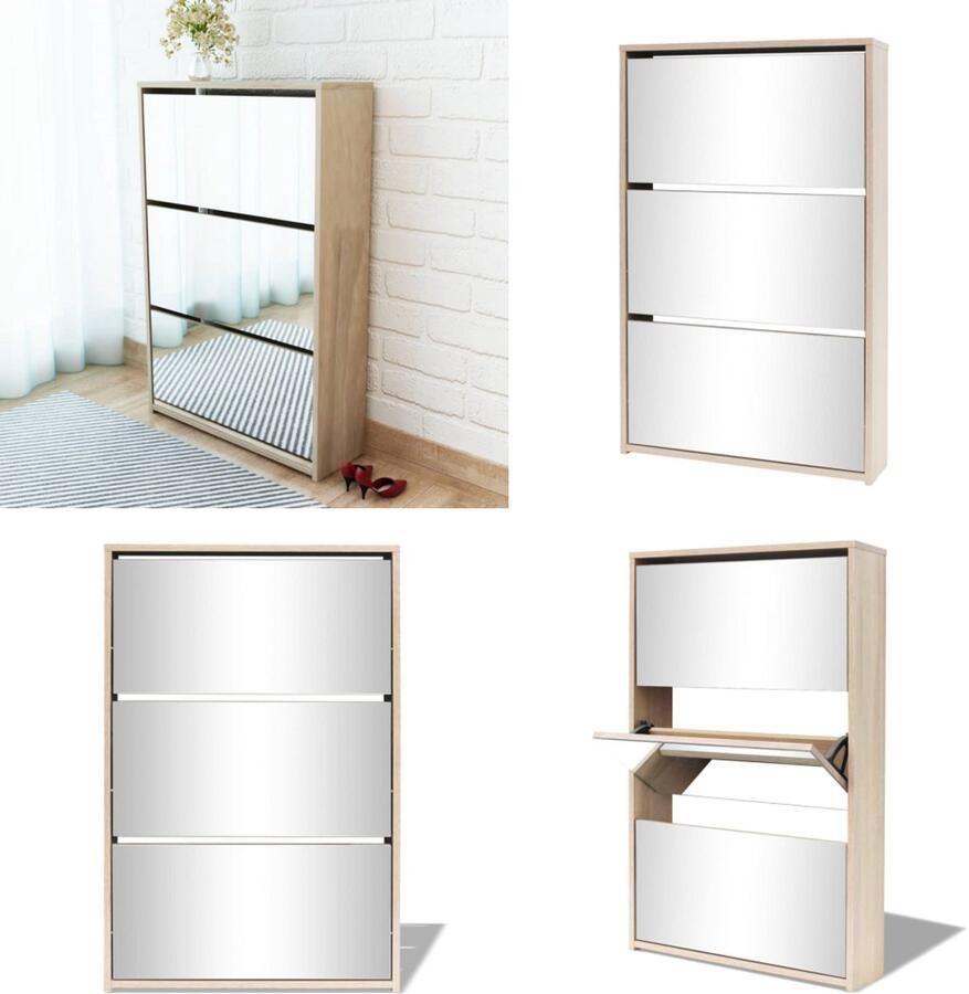VidaXL Schoenenkast drielaags met spiegel 63x17x102 5 cm eiken Schoenenkast Schoenenkasten Schoenen Kast Schoenen Kasten