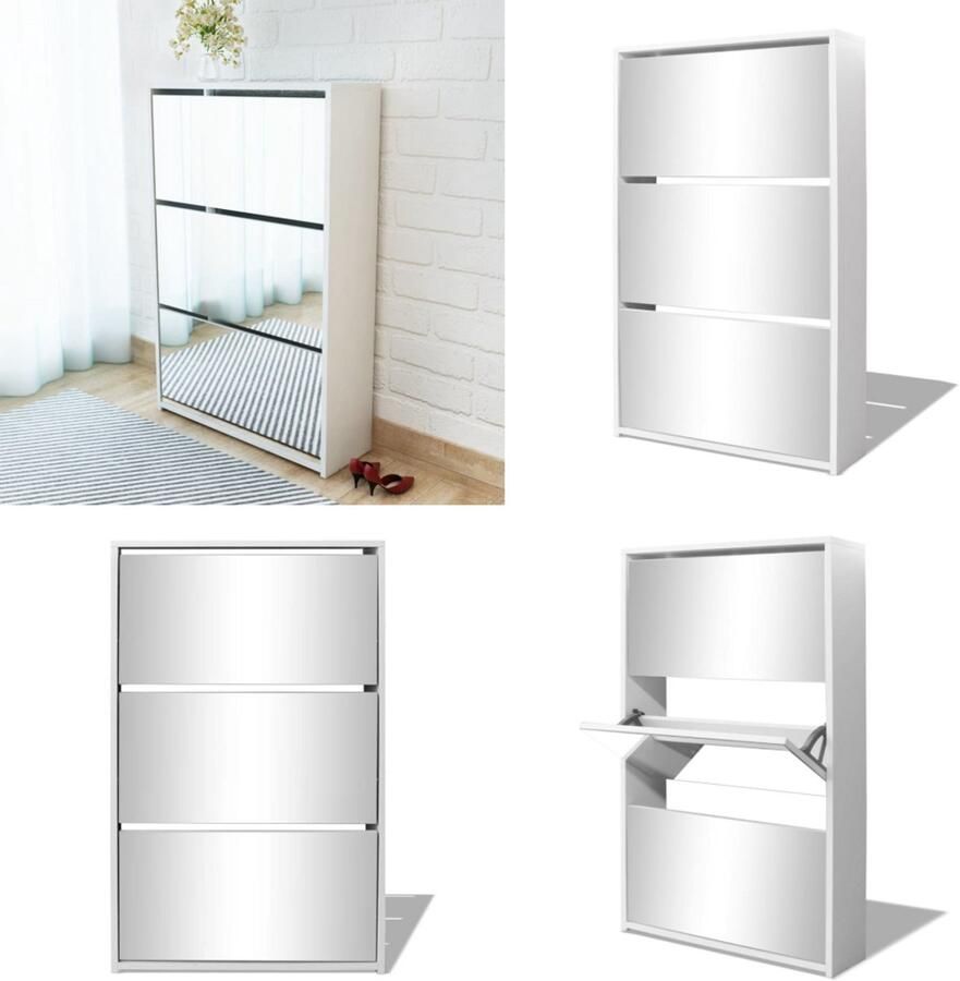 VidaXL Schoenenkast drielaags met spiegel 63x17x102-5 cm wit Schoenenkast Schoenenkasten Schoenen Kast Schoenen Kasten