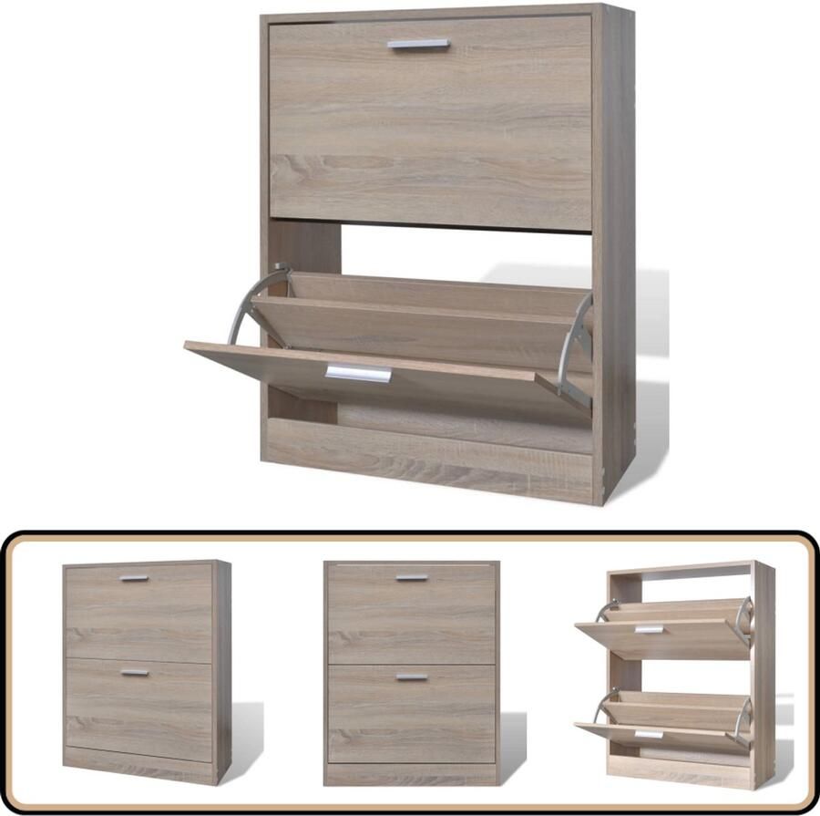 VidaXL Schoenenkast Eiken 2 opbergvakken 63 5x24x81 cm Houten Schoenenkast Eiken Look Opbergruimte Organisatie