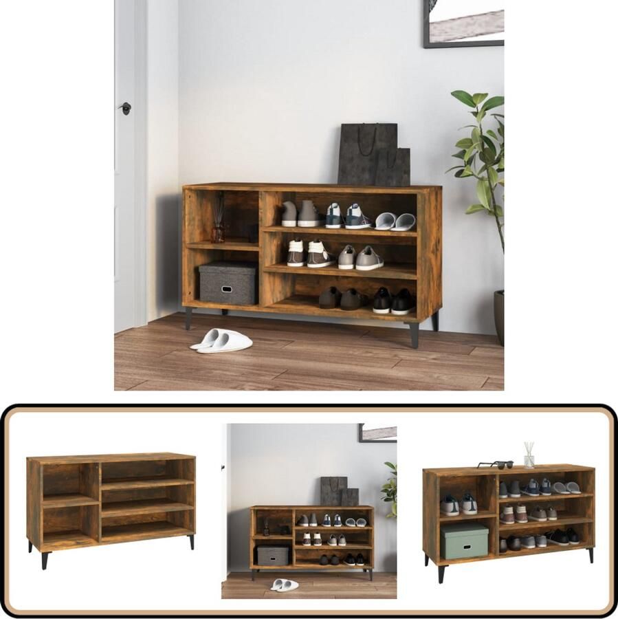 The Living Store Schoenenkast 102x36x60 cm bewerkt hout gerookt eikenkleurig Schoenenkast Houten Schoenenkast Schoenuitlegers Bergruimte Entreebank