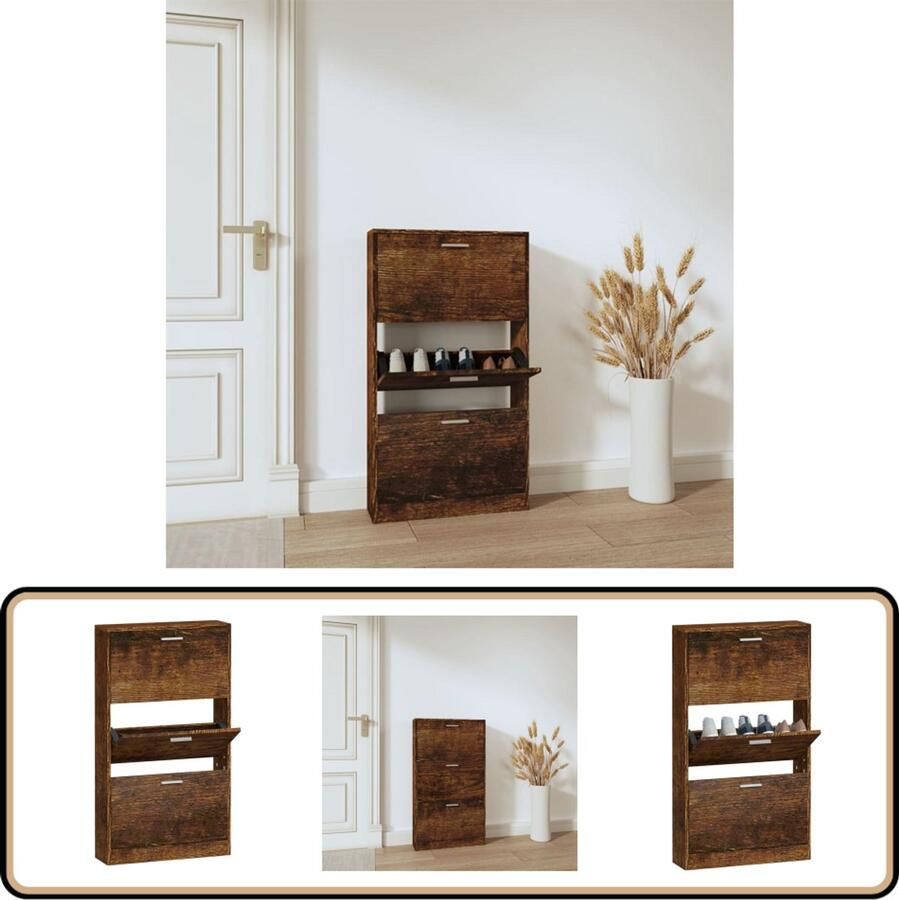 VidaXL Schoenenkast Gerookt Eiken 59x17x108 cm Schoenenkast Schoenuitlegger Bergruimte Kastje Interieurdecoratie Houten Kast Bruine Kast Vintage Stijl