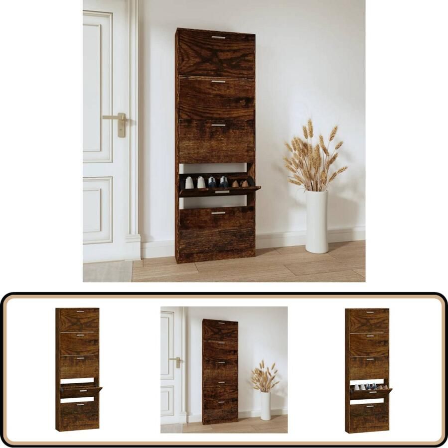 VidaXL Schoenenkast Gerookt Eiken 59x17x169 cm Schoenenkast Schoenenopbergers Houten Schoenenkast Bruine Schoenenkast Vintage Schoenenkast Entreemeubilair Hallkast Bergruimte Organisatie - Foto 2