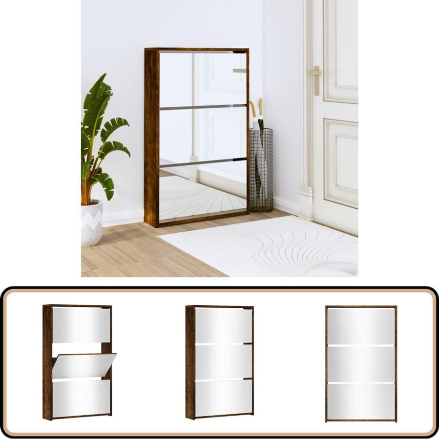 VidaXL Schoenenkast Gerookt Eiken Met Spiegel Schoenenkast Schoenen Rek Bergruimte Schoenen Kast Schoenen Organiseren Schoenen