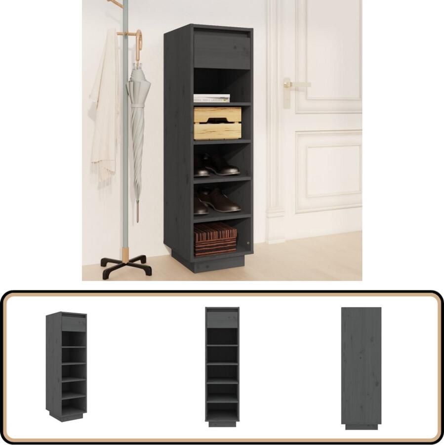 VidaXL Schoenenkast Grenenhout Grijs 30x34x105 cm Schoenenkast Organizer Schoenen Rek Houten Schoenenkast Grijze Schoenenkast