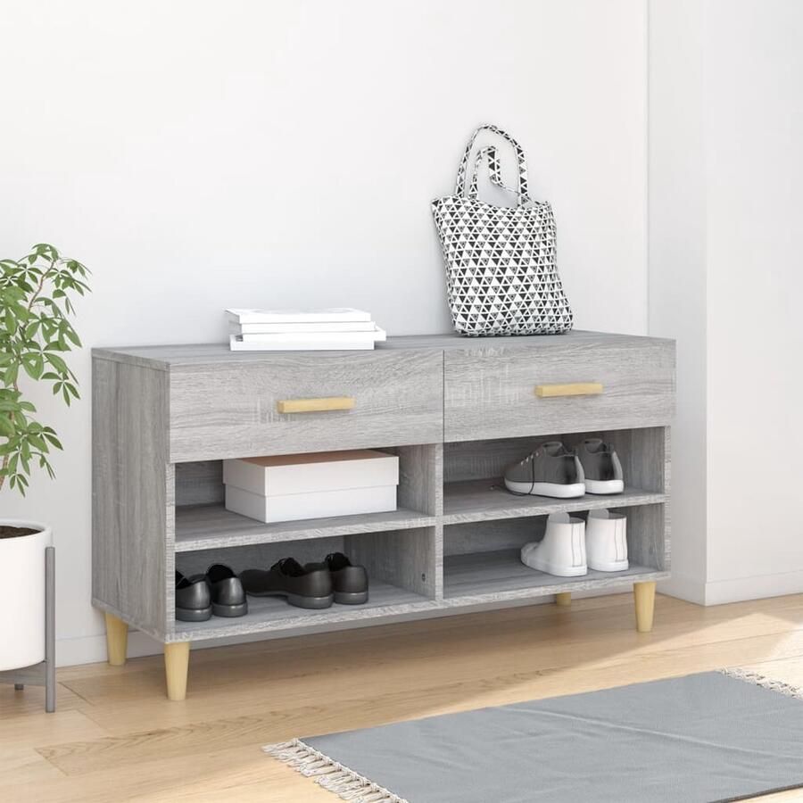 VidaXL Schoenenkast Grijs Sonoma Eiken 102x35x55 cm Schoenenkast Schoenen Rek Schoenuitlegger Bergruimte Opbergvakken Houten Kast Grijze Kast Scandinavische Stijl