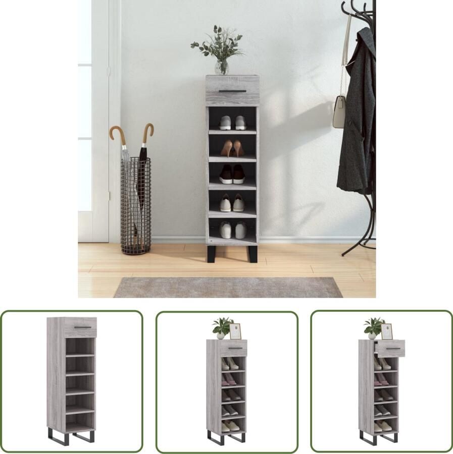 VidaXL Schoenenkast Grijs Sonoma Eiken 30x35x105 cm Schoenenkast Schoenen Rek Schoenu Kast Bergruimte Opslagoplossing Houten Kast Grijze Kast Designkast Industrieel Design