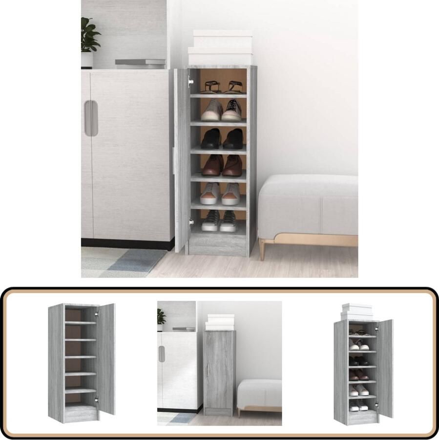 The Living Store Schoenenkast 32x35x92 cm bewerkt hout grijs sonoma eikenkleurig Schoenenkast Houten Schoenenkast Grijze Schoenenkast Schoenen Organisatie Schoenuitlegers - Foto 2