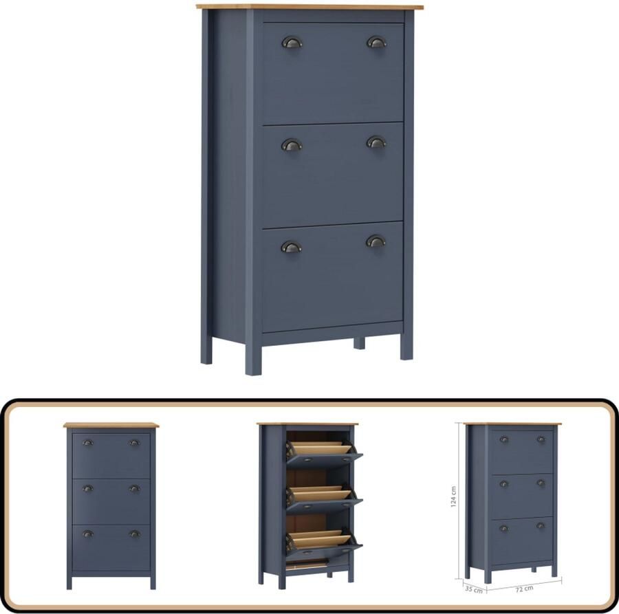 The Living Store Schoenenkast Hill 72x35x124 cm massief grenenhout grijs Schoenenkast Schoenen Organisatie Groot Aantal Schoenen Houten Schoenenkast Grijze Schoenenkast - Foto 2