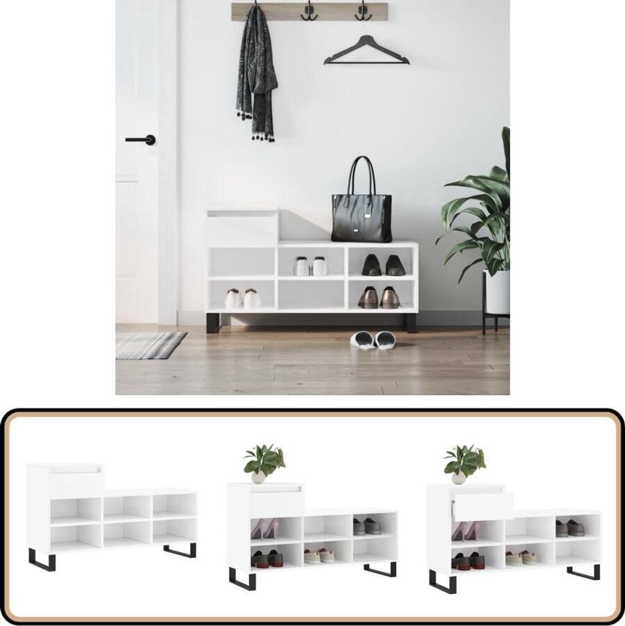 VidaXL Schoenenkast Hoogglans Wit 102x36x60 cm Schoenenkast Schoenuitleg Bergruimte Opslagvakken Houten Kast Witte Kast Modern Design Ladekast