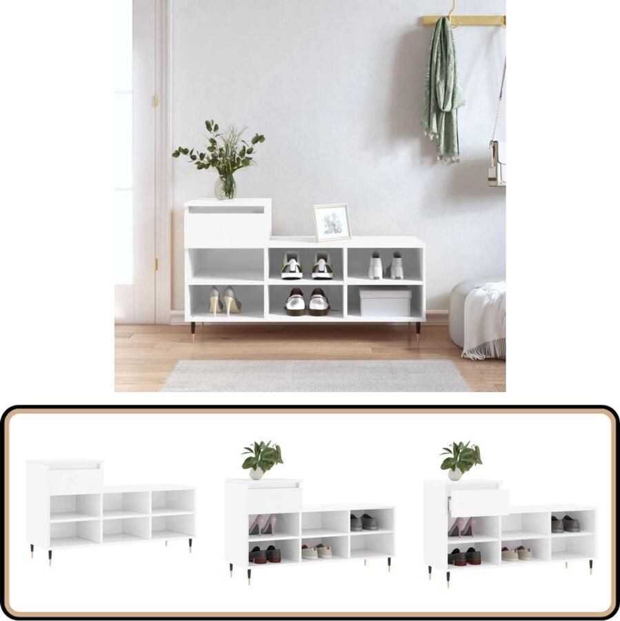 VidaXL Schoenenkast Hoogglans Wit 102x36x60cm Schoenenkast Schoenuitleg Bergruimte Kast Opslag