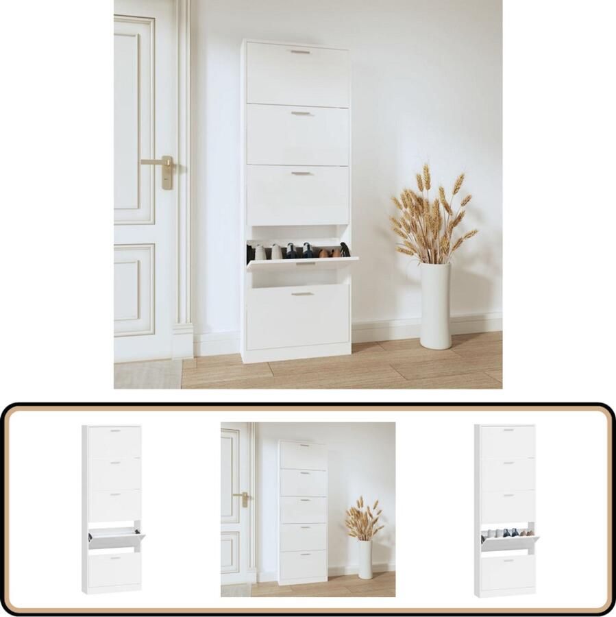 VidaXL Schoenenkast Hoogglans Wit 59x17x169 cm Schoenenkast Schoenuitlegger Bergruimte Kastje Interieurdecoratie