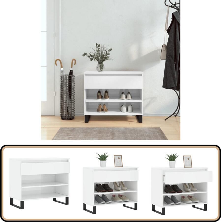 The Living Store Schoenenkast Hoogglans wit 70 x 36 x 60 cm Bewerkt hout en metaal Schoenenkast Schoenen Organisatie Witte Schoenenkast Houten Schoenenkast Compact Schoenenkast