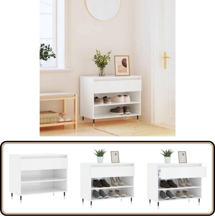 VidaXL Schoenenkast Hoogglans Wit 70x36x60 cm Schoenenkast Schoenen Rek Schoenuitleg Bergruimte Kastje Opslag Organisatie Design Modern Wit