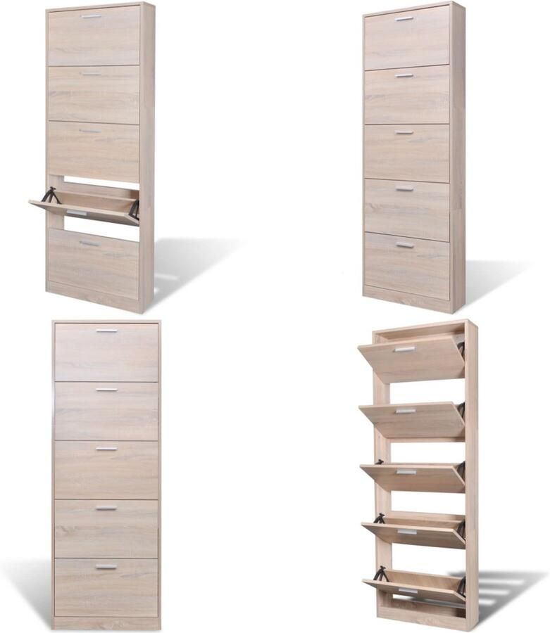 VidaXL Schoenenkast hout met 5 opbergvakken eiken-look Houten Schoenenkast Houten Schoenenkasten Schoenenkast Schoenenkasten