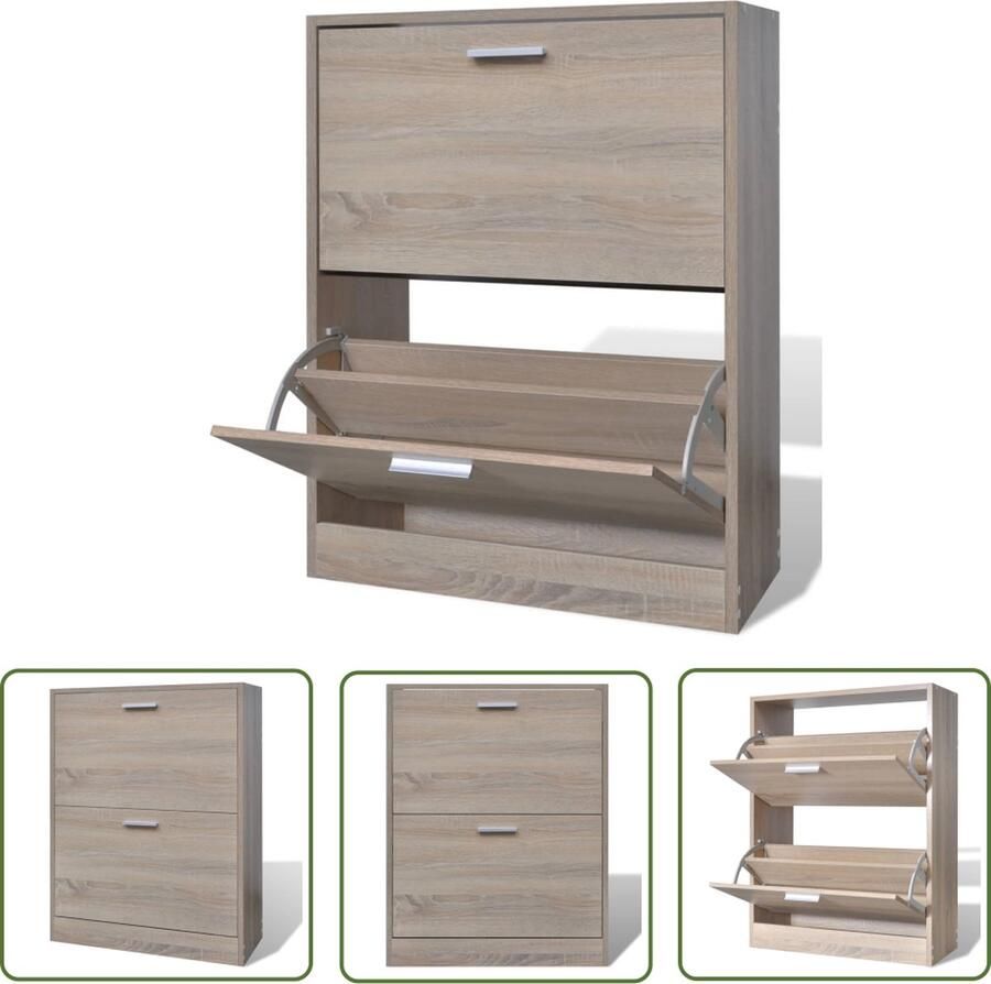 The Living Store Houten Schoenenkast 63.5 x 24 x 81 cm 2 Opbergvakken Eiken Georganiseerde Opbergoplossing Houten Schoenenkast Schoenendoos Organisatie Opslagruimte - Foto 2