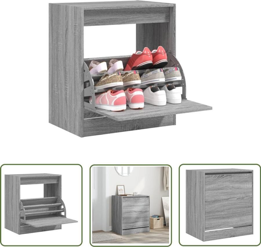 The Living Store Schoenenkast 60x42x69 cm bewerkt hout grijs sonoma eikenkleurig Schoenenkast Compact Schoenenkast Klein Houten Schoenenkast Grijze Schoenenkast Schoenenopbergers