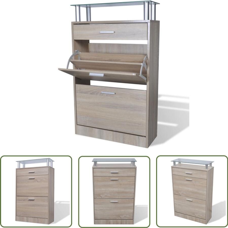 VidaXL Schoenenkast Lade & Glazen Bovenschap Eiken Schoenenkast Houtsoort Meubilair Bergruimte Organisatie Entreehal Slaapkamer Living