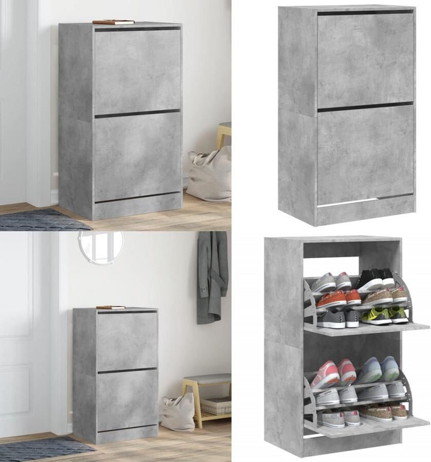 VidaXL Schoenenkast met 2 klaplades 60x42x108 cm betongrijs Schoenenkast Schoenenkasten Schoenenrek Schoenen Kast