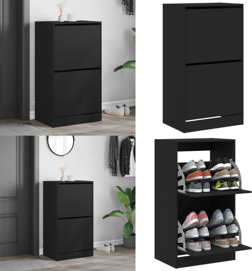 VidaXL Schoenenkast met 2 klaplades 60x42x108 cm zwart Schoenenkast Schoenenkasten Schoenenrek Schoenen Kast
