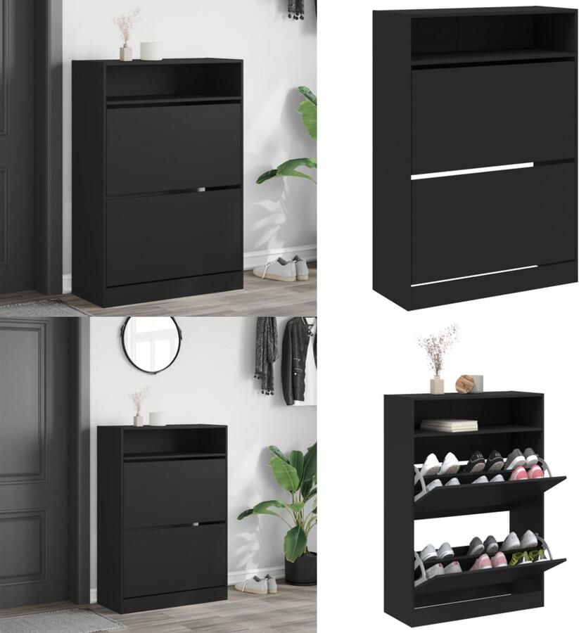 VidaXL Schoenenkast met 2 klaplades 80x34x116 cm zwart Schoenenkast Schoenenkasten Schoenenrek Schoenen Kast