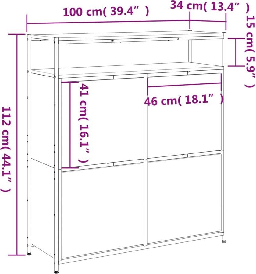 VidaXL Schoenenkast met 4 klaplades 100x34x112 cm sonoma eikenkleurig - Foto 2